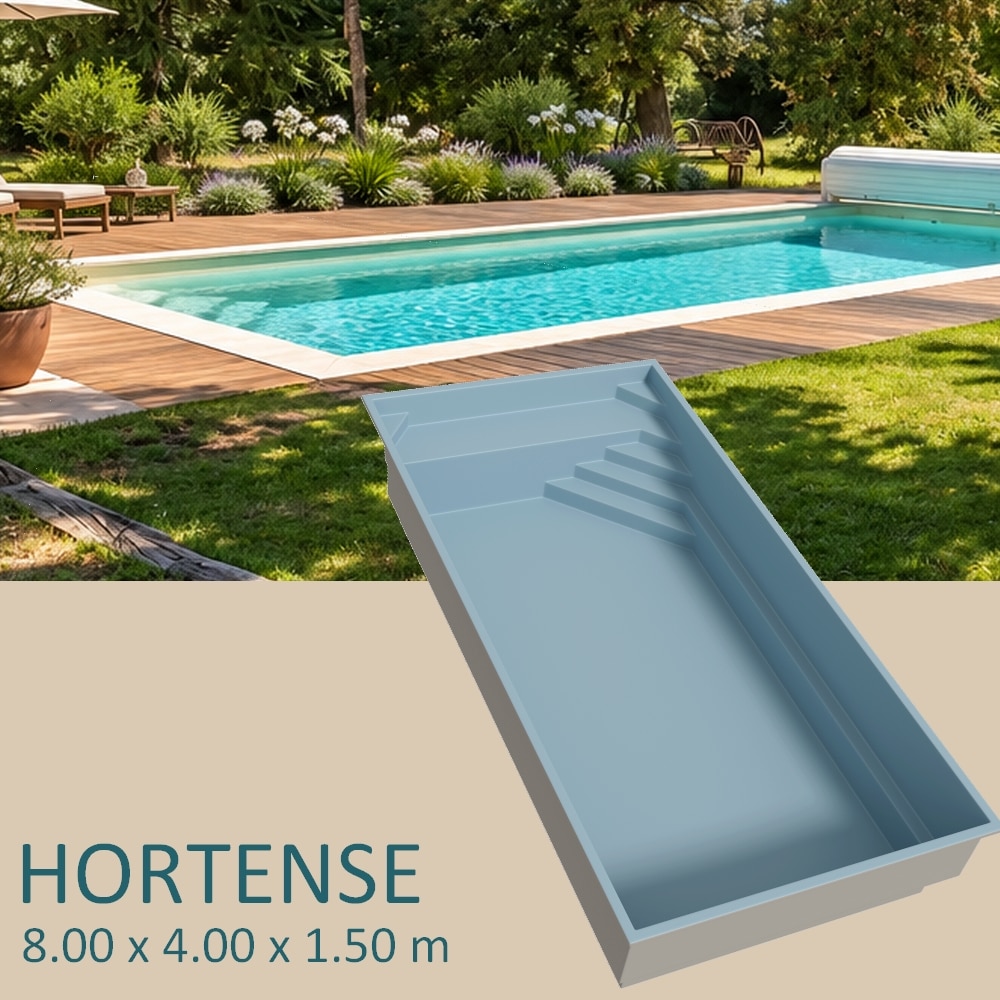 Piscine coque HORTENSE 8 x 4 x 1,50 m avec escalier d'angle, banquette