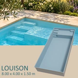 Presentation Piscine coque LOUISON 8,00 x 4,00 x 1,50 m avec plage immergée de 1,30 m et accès des deux côtés