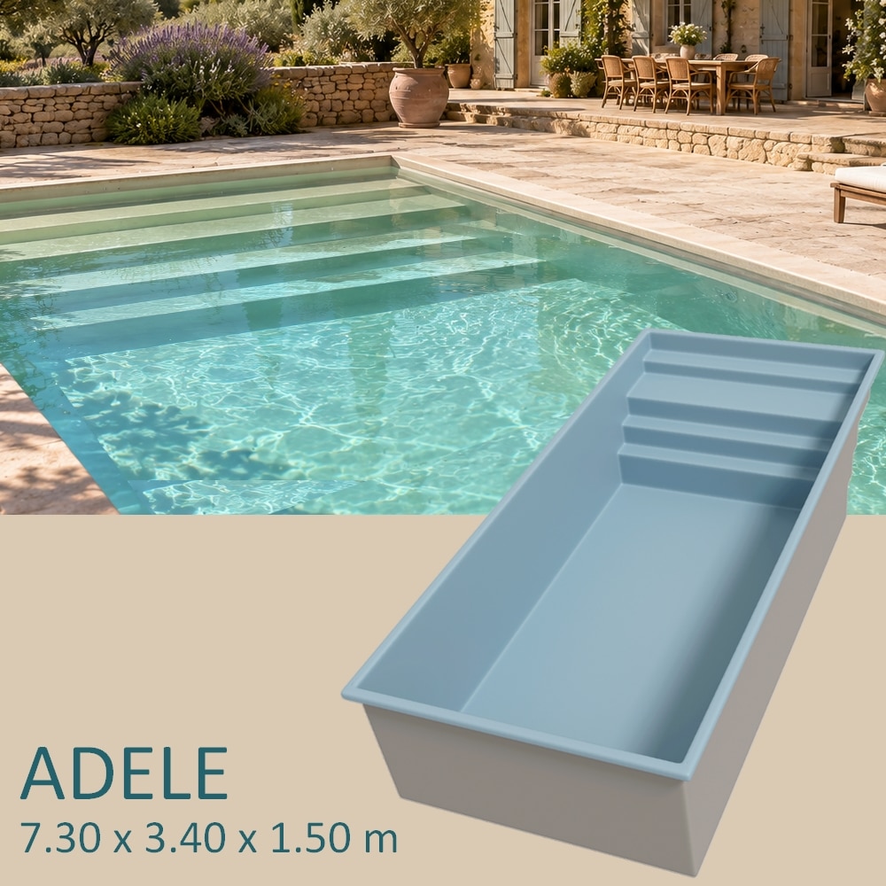 Presentation Piscine coque ADÈLE 7,30 x 3,40 x 1,50 m avec escalier sur toute la largeur et banquette immergée sur la deuxième marche