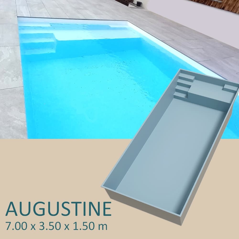 presentation Piscine coque AUGUSTINE 7 x 3,50 x 1,50 m avec plage immergée de 1 m et accès des deux côtés
