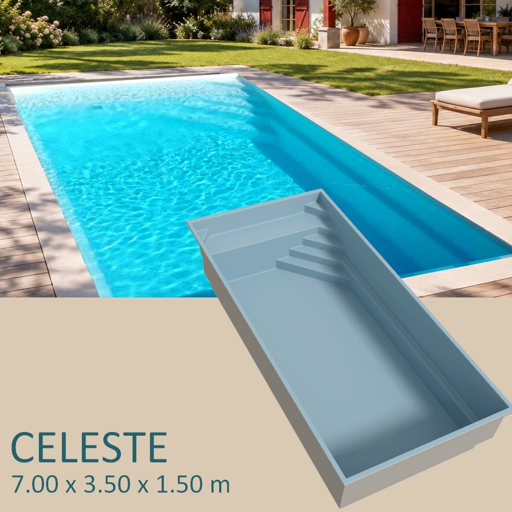 presentation Piscine coque CÉLESTE 7 x 3,50 x 1,50 m avec escalier d'angle, banquette et marche périphérique