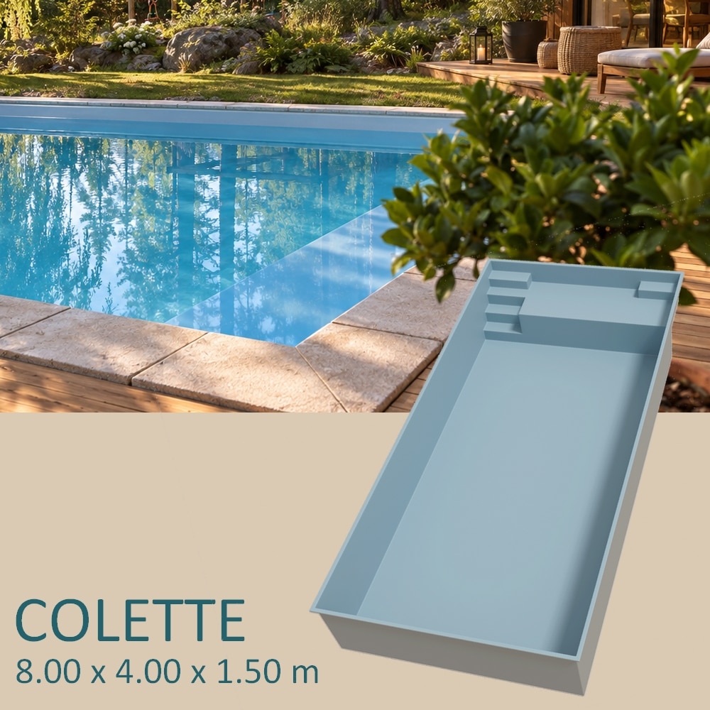 Presentation Piscine coque COLETTE 8 x 4 x 1,50 m avec plage immergée de 1 m et accès des deux côtés