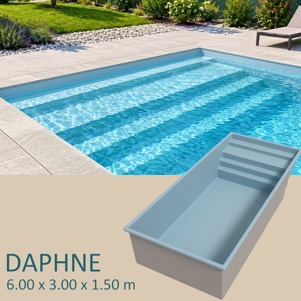Presentation Piscine coque DAPHNÉ 6 x 3 x 1,50 m avec escalier et banquette intégrée