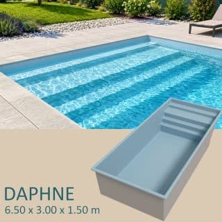 Presentation Piscine coque DAPHNÉ 6 x 3 m avec escalier sur toute la largeur et banquette intégrée