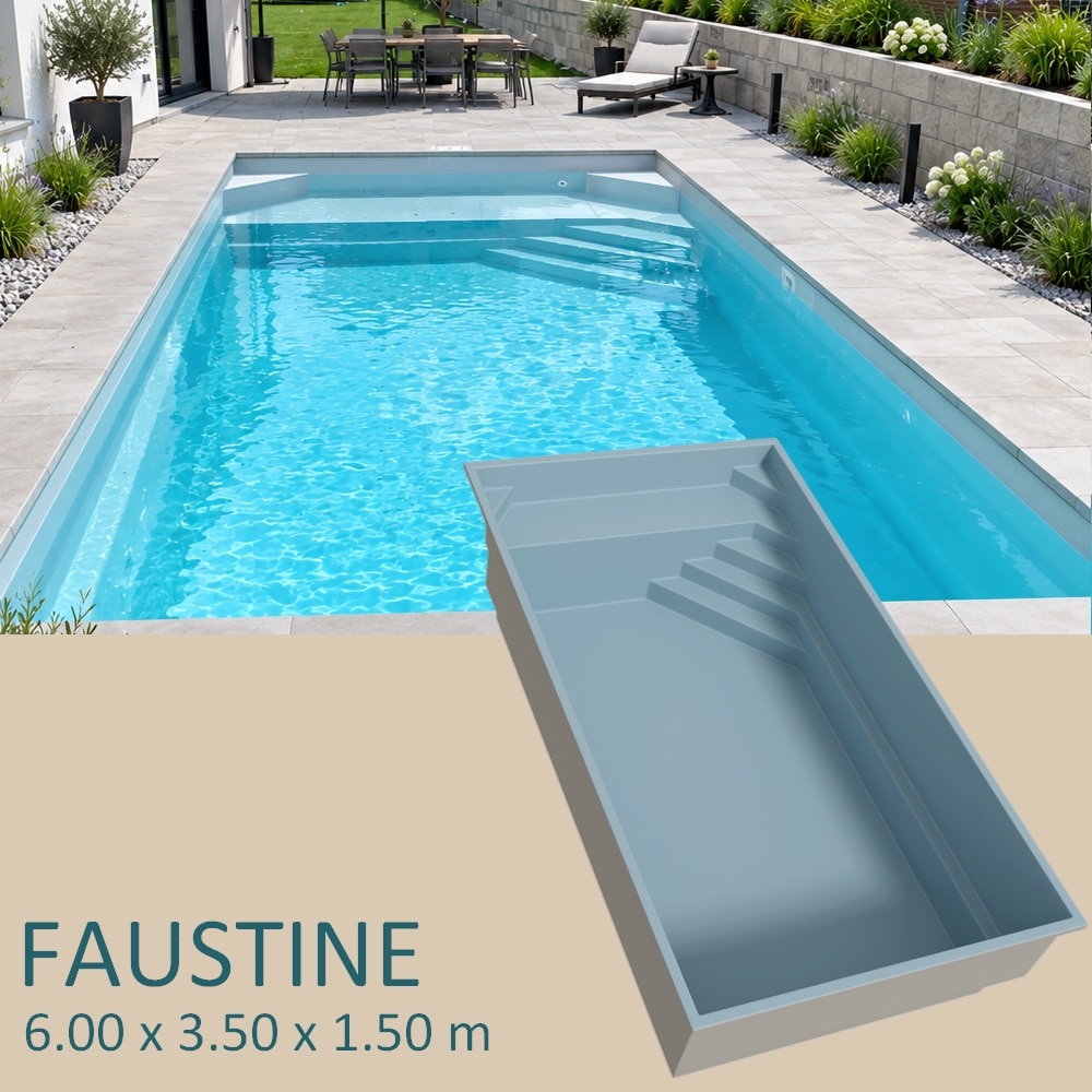 presentation Piscine coque FAUSTINE 6 x 3,50 m avec banquette et escalier d'angle