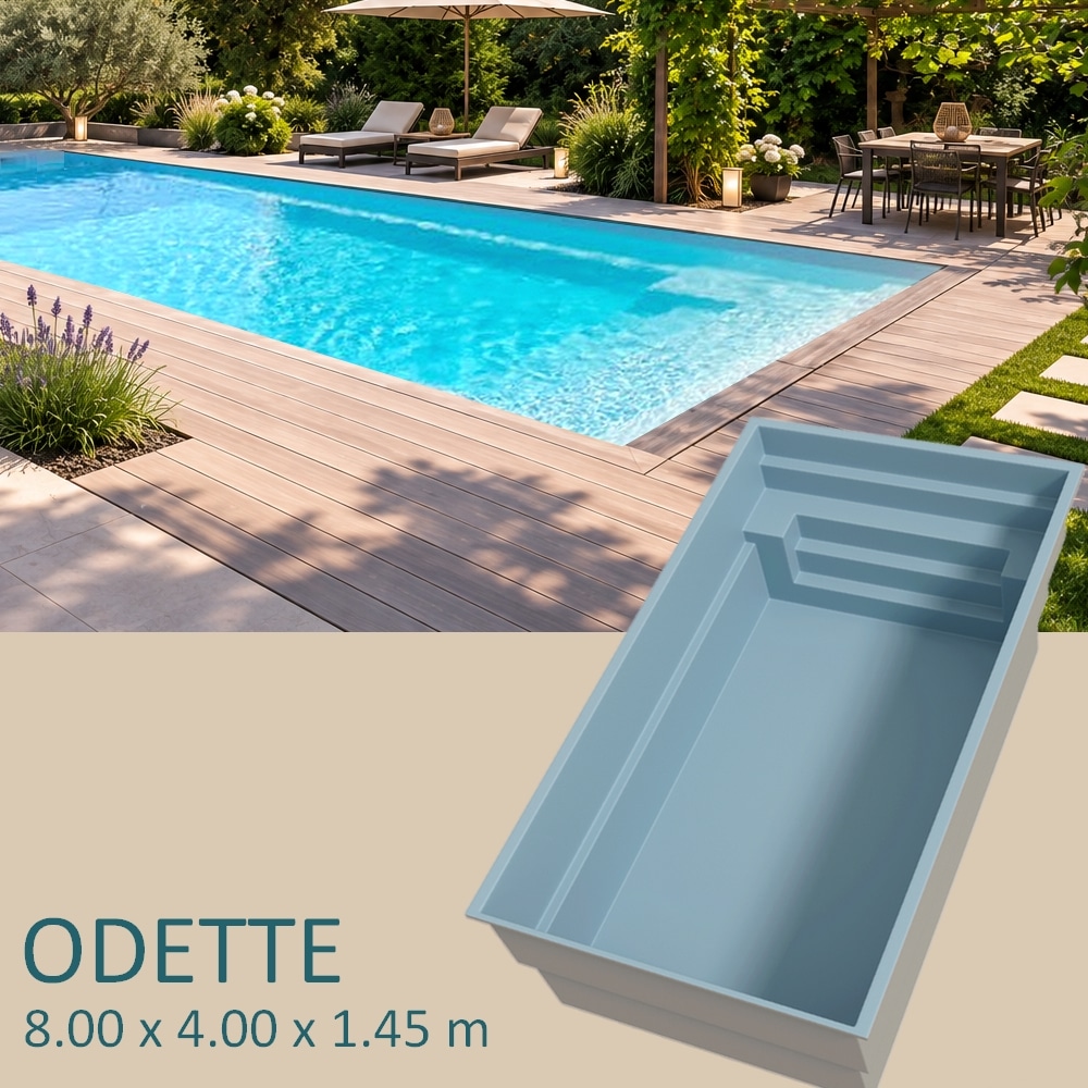 Presentation Piscine coque ODETTE 8 x 4 x 1,45 m avec escalier sur toute la largeur et banquette en U