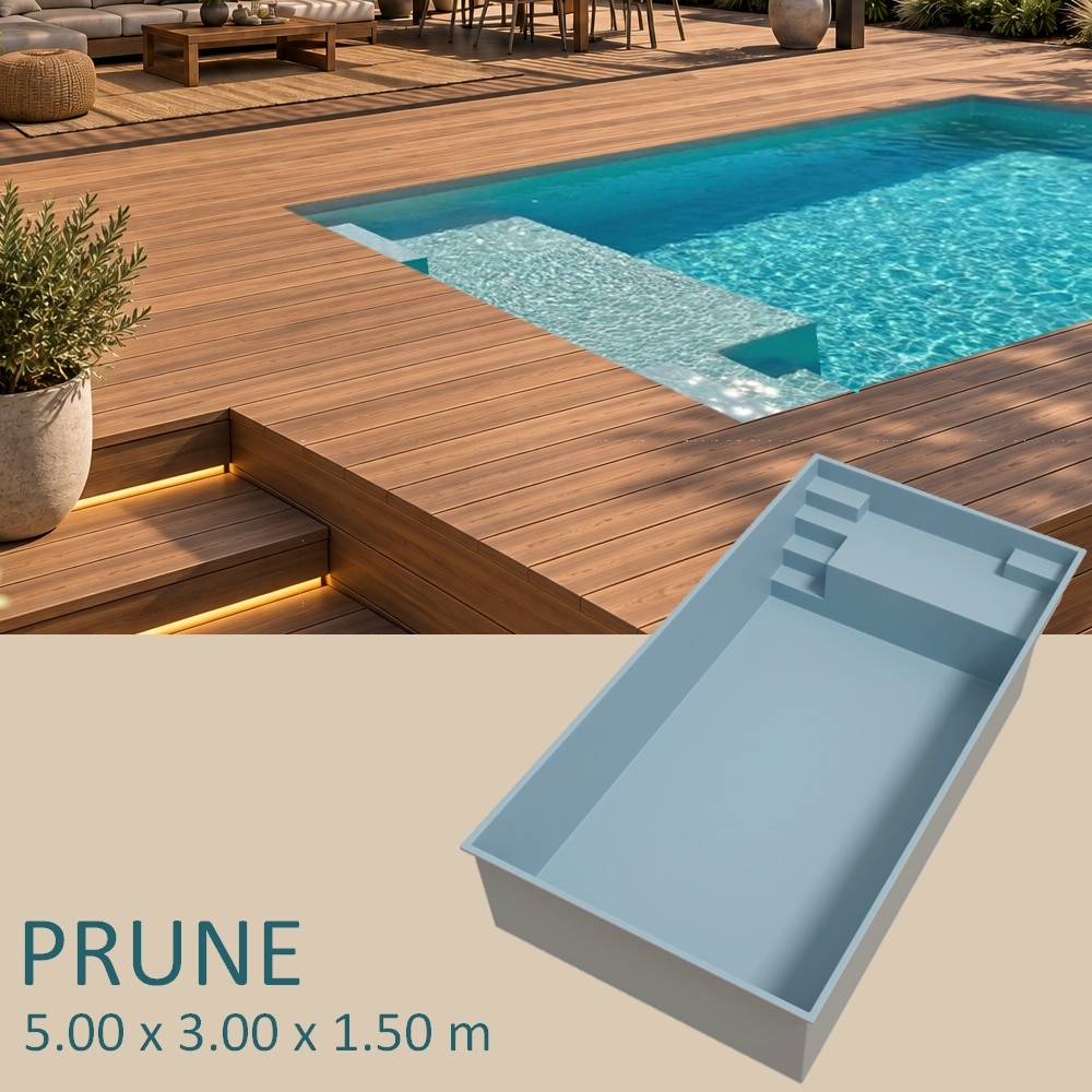 Presentation Piscine coque PRUNE 5 x 3 m avec plage immergée de 1 m et double accès