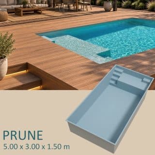 Presentation Piscine coque PRUNE 5 x 3 m avec plage immergée de 1 m et double accès