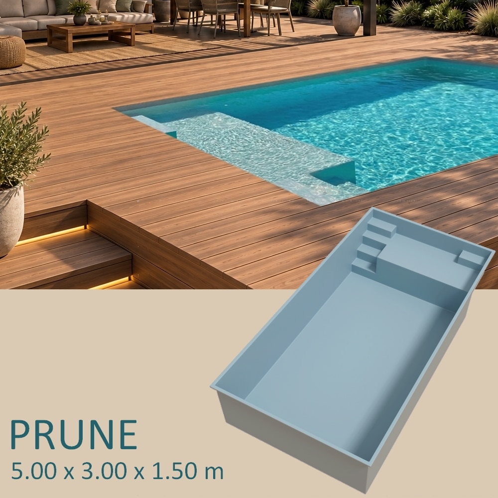 Presentation Piscine coque PRUNE 5 x 3 m avec plage immergée de 1 m et double accès