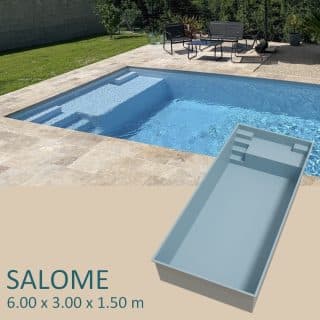 Presentation Piscine coque SALOMÉ 6.00 x 3.00 x 1.50 m avec banquette immergée de 1 m et accès des deux côtés