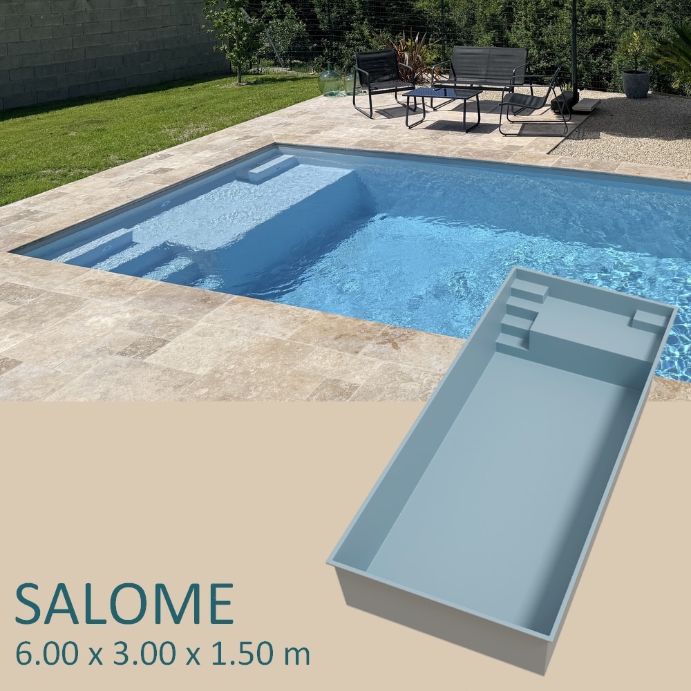 Presentation Piscine coque SALOMÉ 6.00 x 3.00 x 1.50 m avec banquette immergée de 1 m et accès des deux côtés