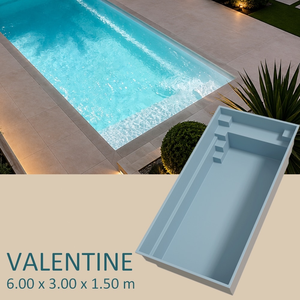 Presentation Piscine coque VALENTINE 6 x 3 x 1,45 m avec escalier latéral, banquette et marche périphérique