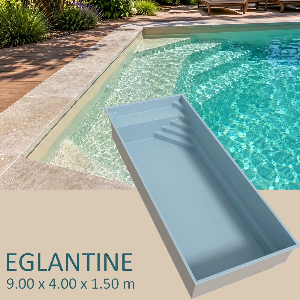 Presentation Piscine coque ÉGLANTINE 9 x 4 x 1,50 m avec escalier d'angle, banquette