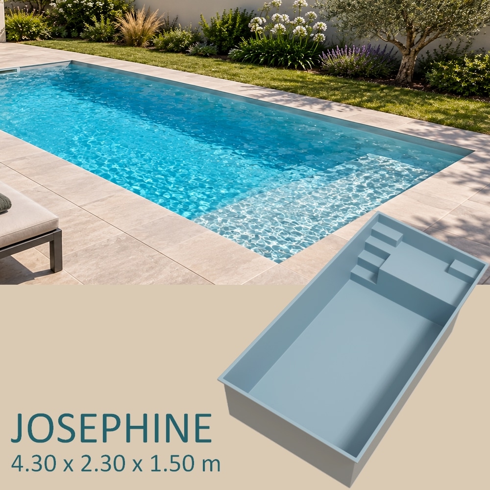 Mini piscine coque JOSEPHINE avec plage immergée de 1 mètre et escaliers intégrés