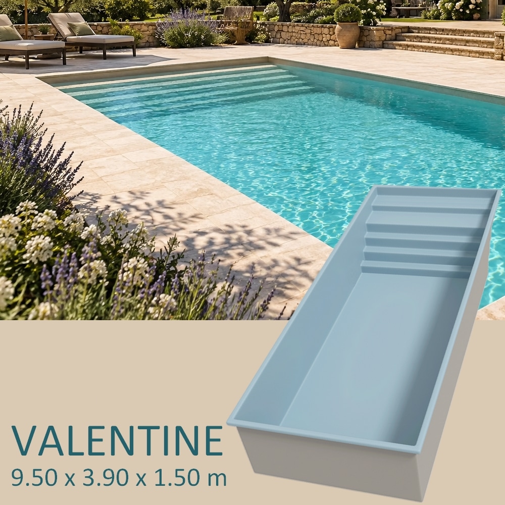 Presentation Piscine coque VALENTINE 9 x 3,90 x 1,50 m avec escalier sur toute la largeur